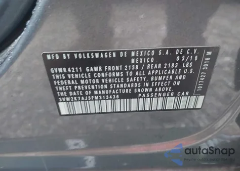 2015 Volkswagen Jetta 2.0L S from USA, damaged, VIN 3VW2K7AJ3FM313436